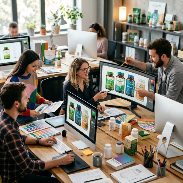 Vita Organica's in-house design team collaborating on supplement label designs in a modern creative studio
