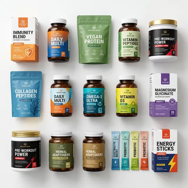 Range of premium supplement packaging options including bottles, pouches, sachets, and boxes with custom label designs